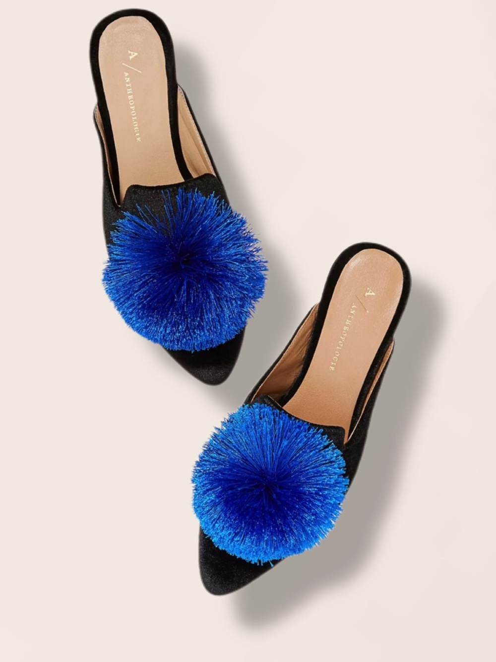 Anthropologie Blue Peppy Pommed Velvet Mules - Size 40